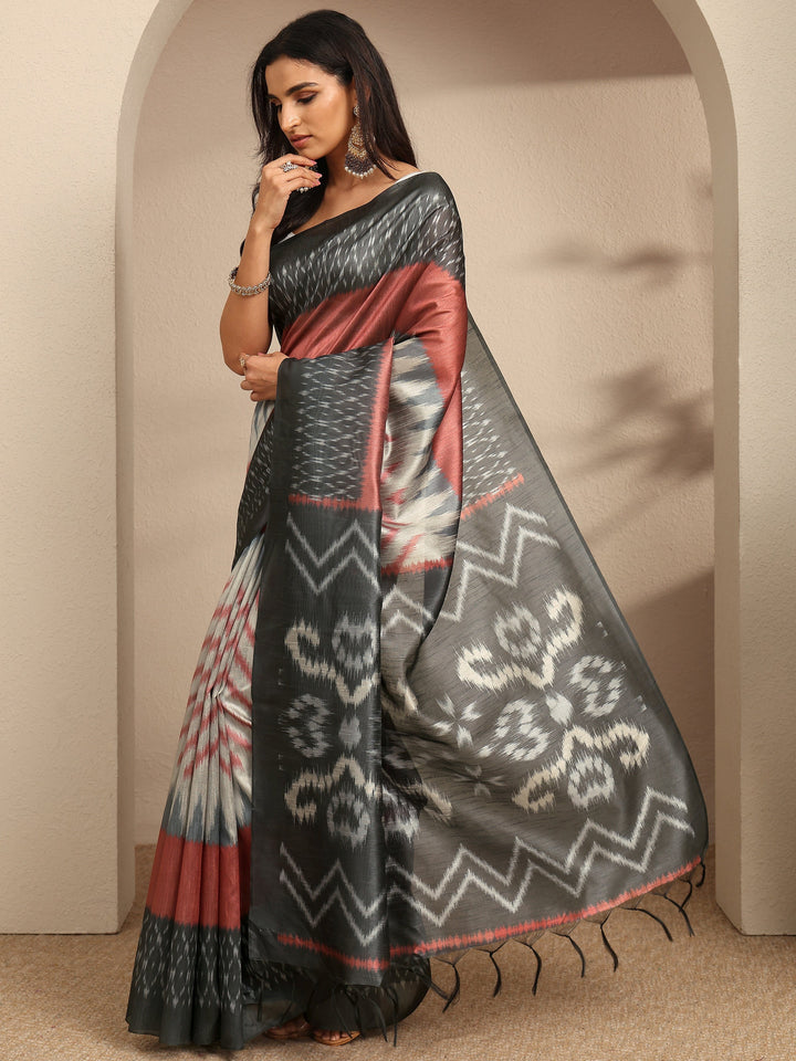 Black Abstract Printed Silk Saree With Unstitched Blouse Piece