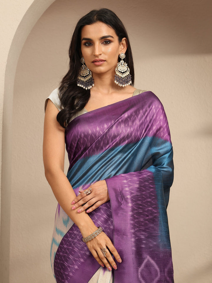 Purple Abstract Printed Silk Saree With Unstitched Blouse Piece