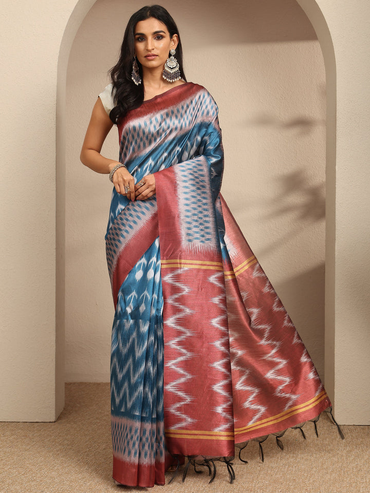 Blue Chevron Printed Silk Saree With Unstitched Blouse Piece