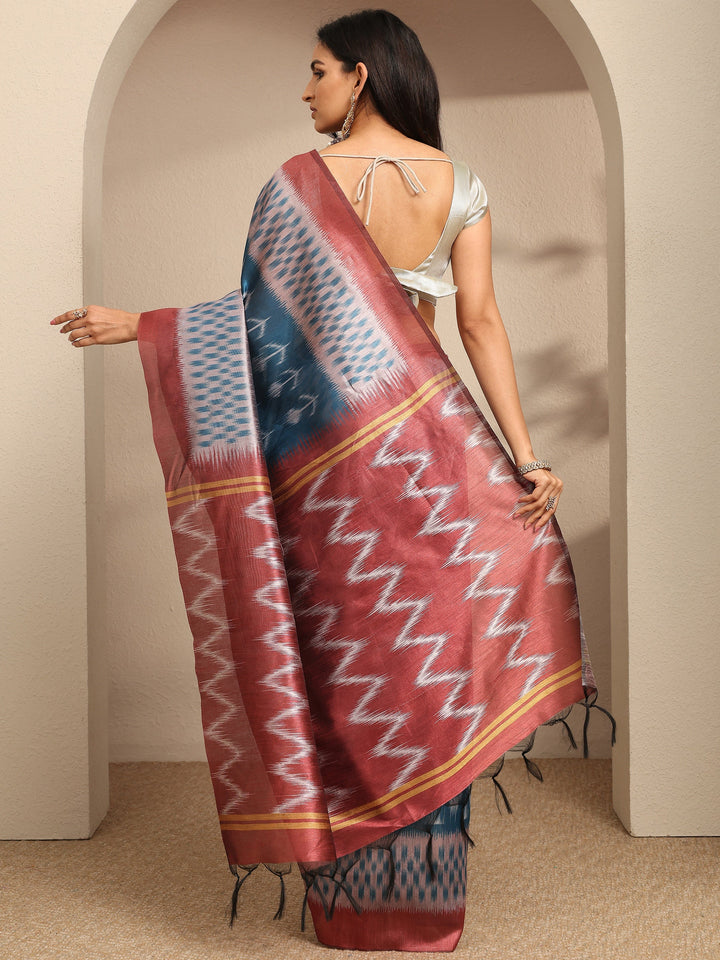 Blue Chevron Printed Silk Saree With Unstitched Blouse Piece