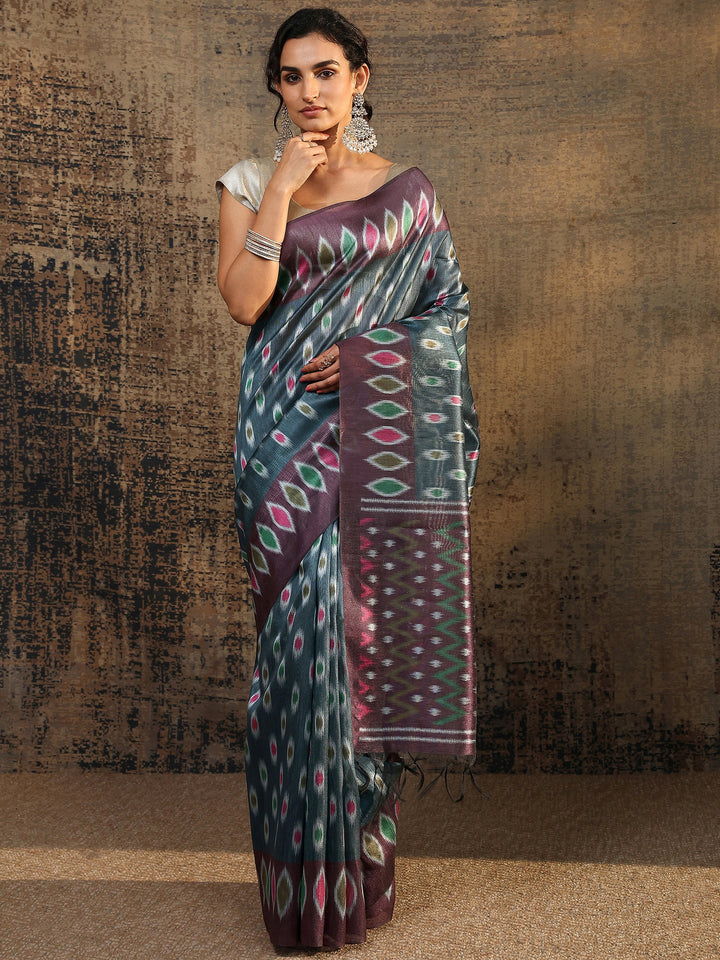 Navy Blue Ikat Printed Silk Saree With Unstitched Blouse Piece