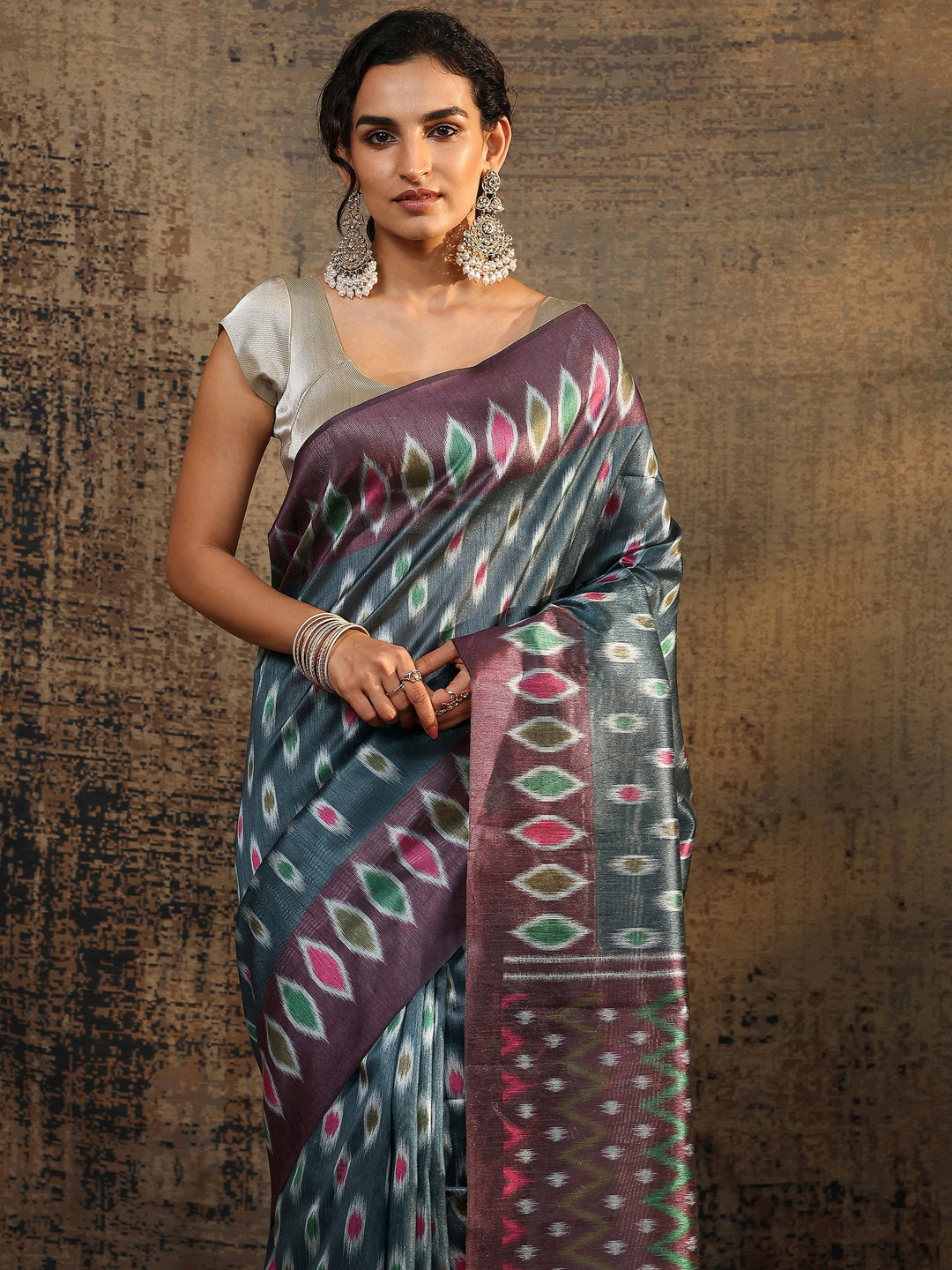 Navy Blue Ikat Printed Silk Saree With Unstitched Blouse Piece