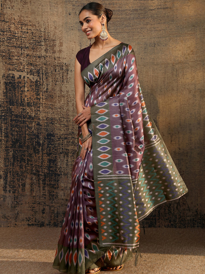 Burgundy Ikat Printed Silk Saree With Unstitched Blouse Piece