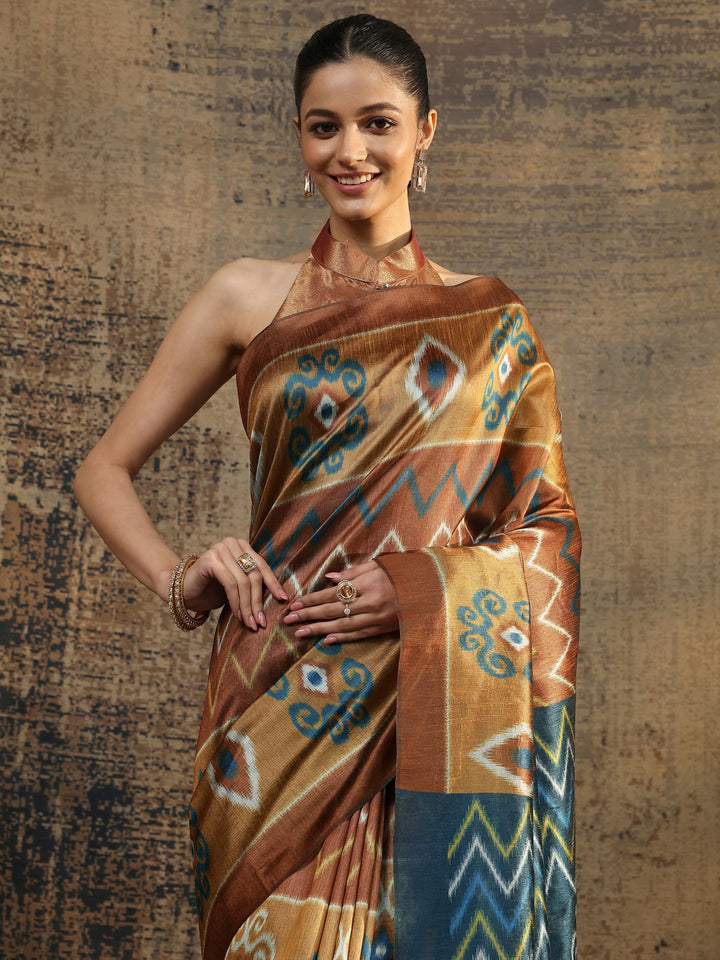 Mustard Chevron Printed Silk Saree With Unstitched Blouse Piece