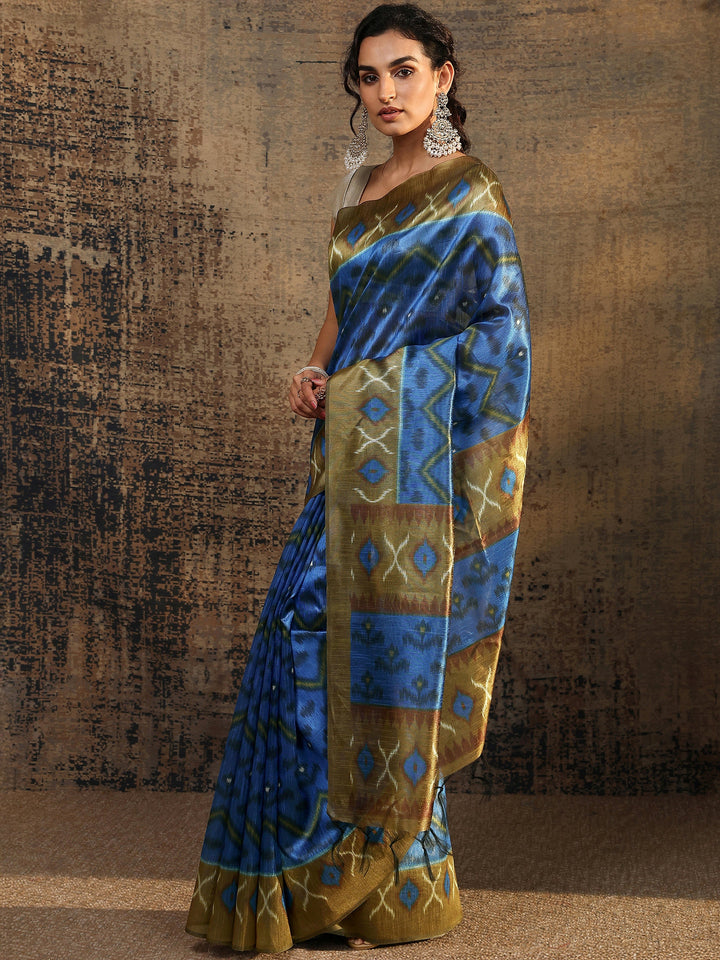 Blue Ikat Printed Silk Saree With Unstitched Blouse Piece