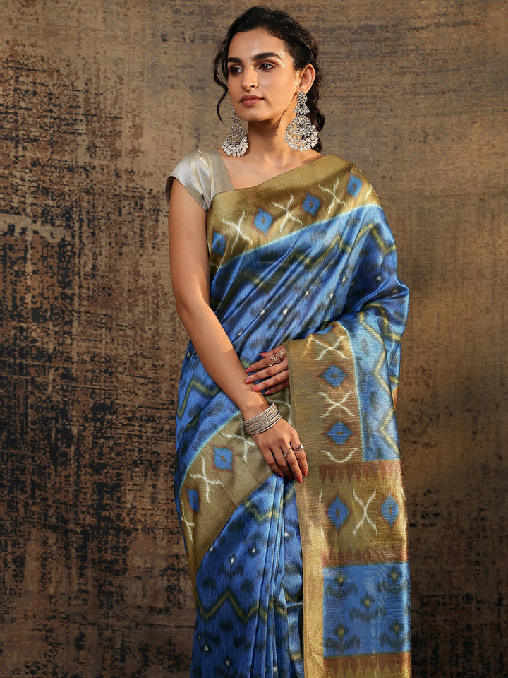 Blue Ikat Printed Silk Saree With Unstitched Blouse Piece
