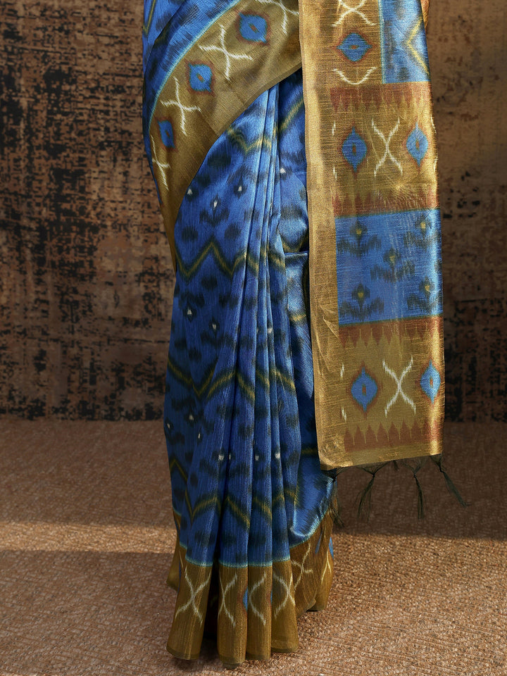 Blue Ikat Printed Silk Saree With Unstitched Blouse Piece