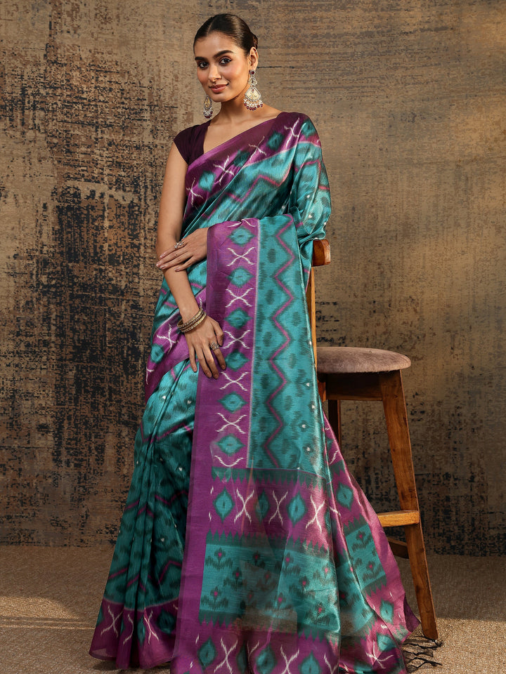 Teal Ikat Printed Silk Saree With Unstitched Blouse Piece
