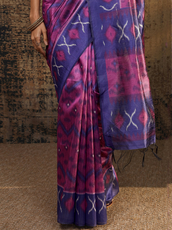 Purple Ikat Printed Silk Saree With Unstitched Blouse Piece