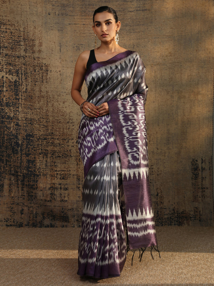 Purple Abstract Printed Silk Saree With Unstitched Blouse Piece