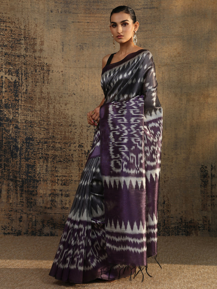 Purple Abstract Printed Silk Saree With Unstitched Blouse Piece