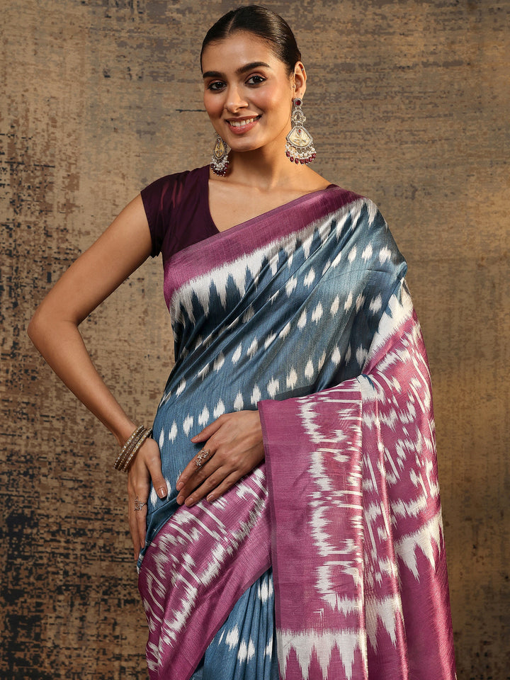 Magenta Ikat Printed Silk Saree With Unstitched Blouse Piece