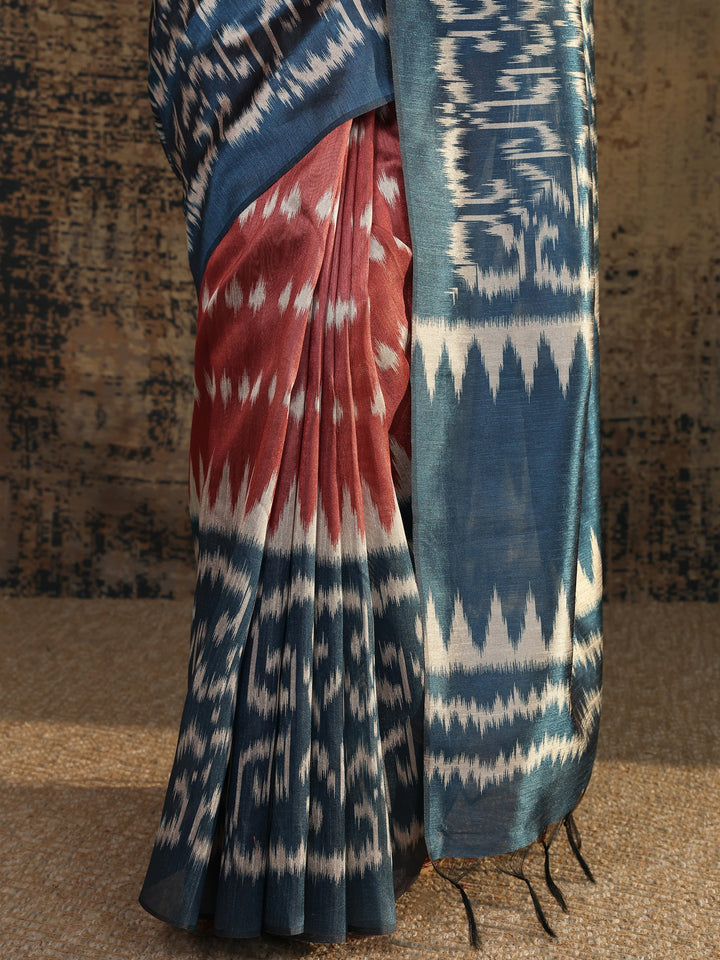 Rust Abstract Printed Silk Saree With Unstitched Blouse Piece