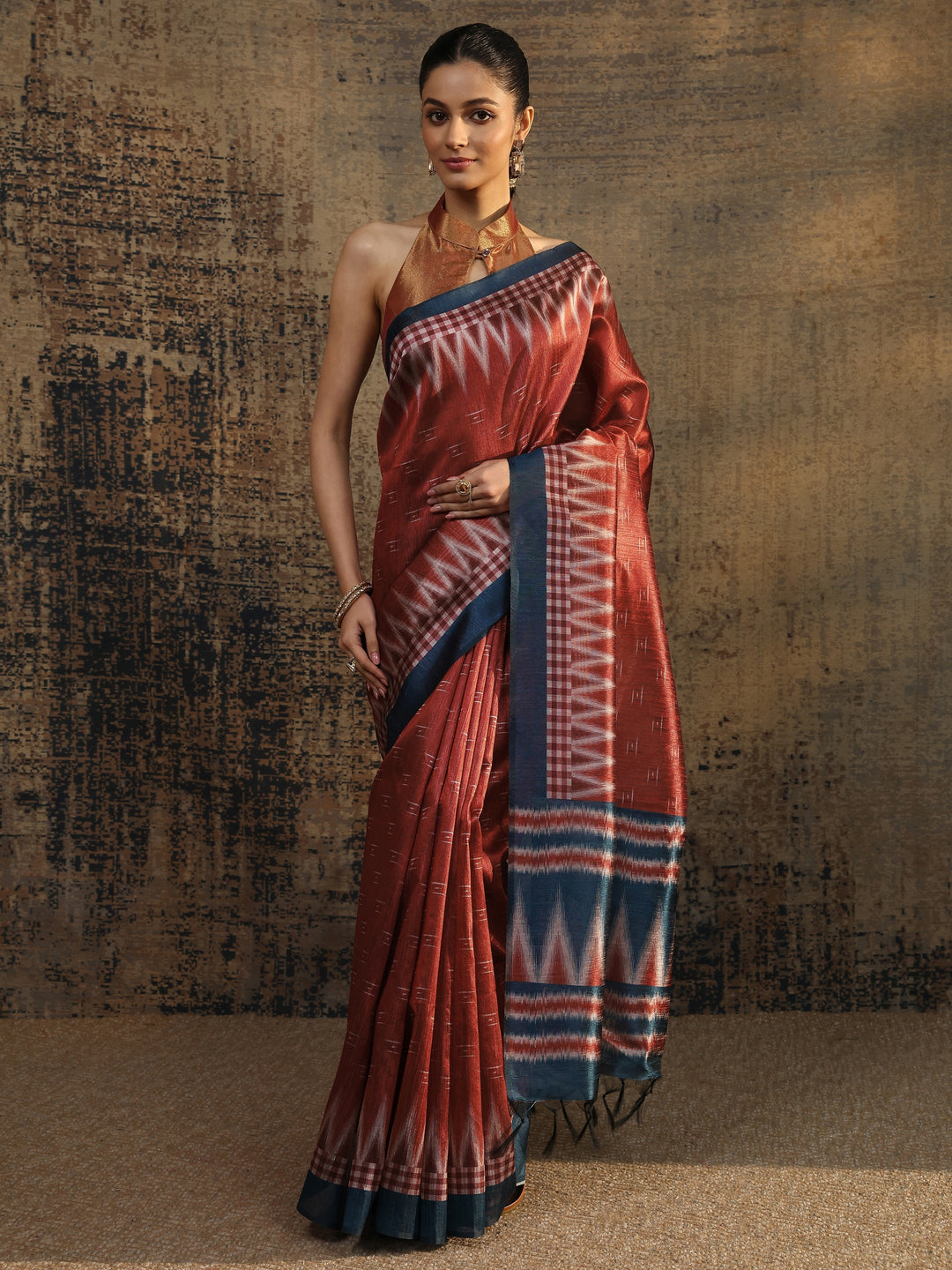Rust Woven Design Silk Saree With Unstitched Blouse Piece