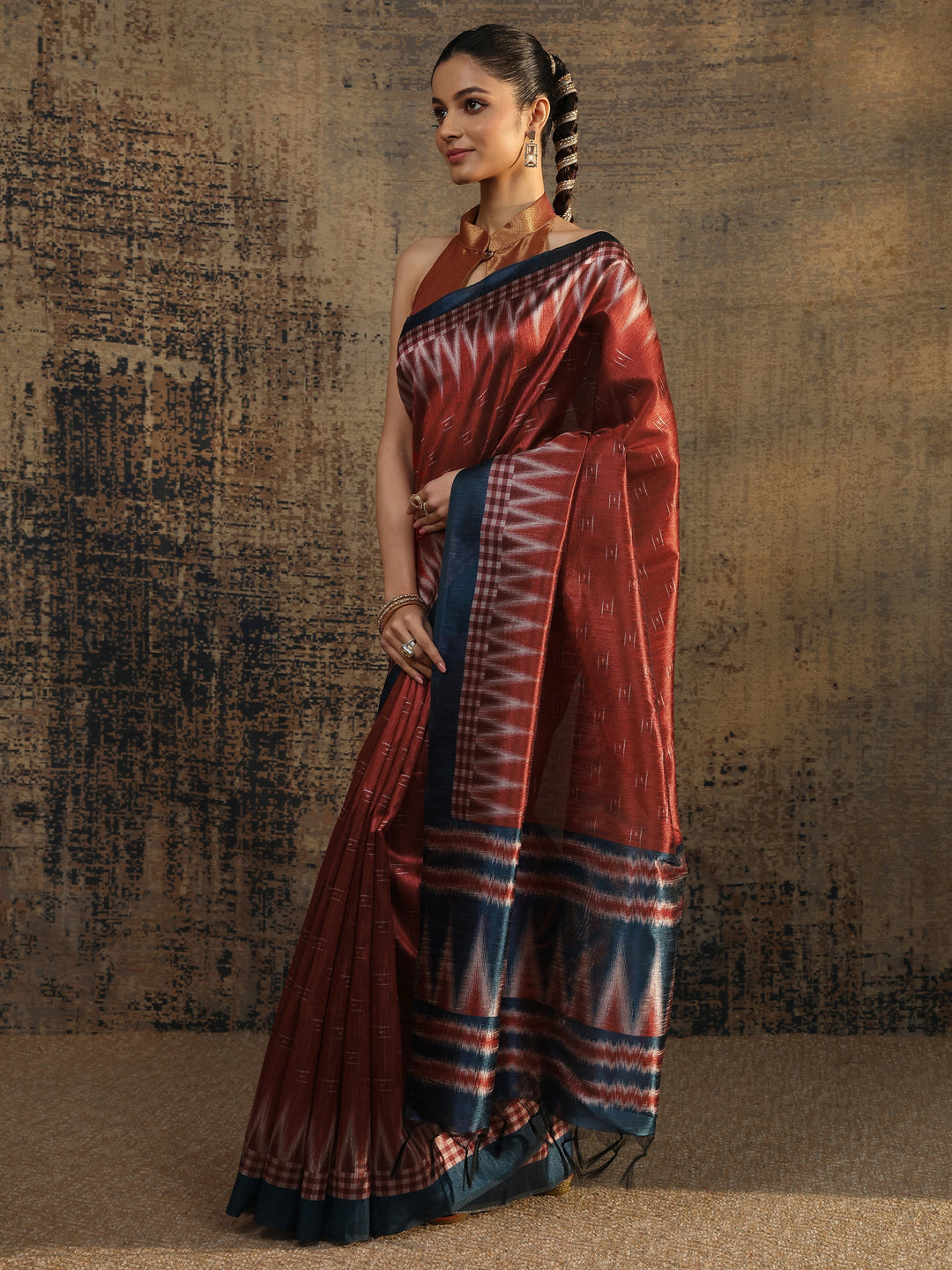 Rust Woven Design Silk Saree With Unstitched Blouse Piece