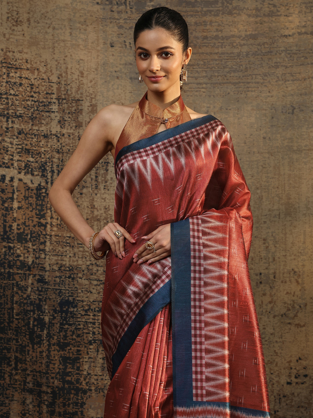Rust Woven Design Silk Saree With Unstitched Blouse Piece
