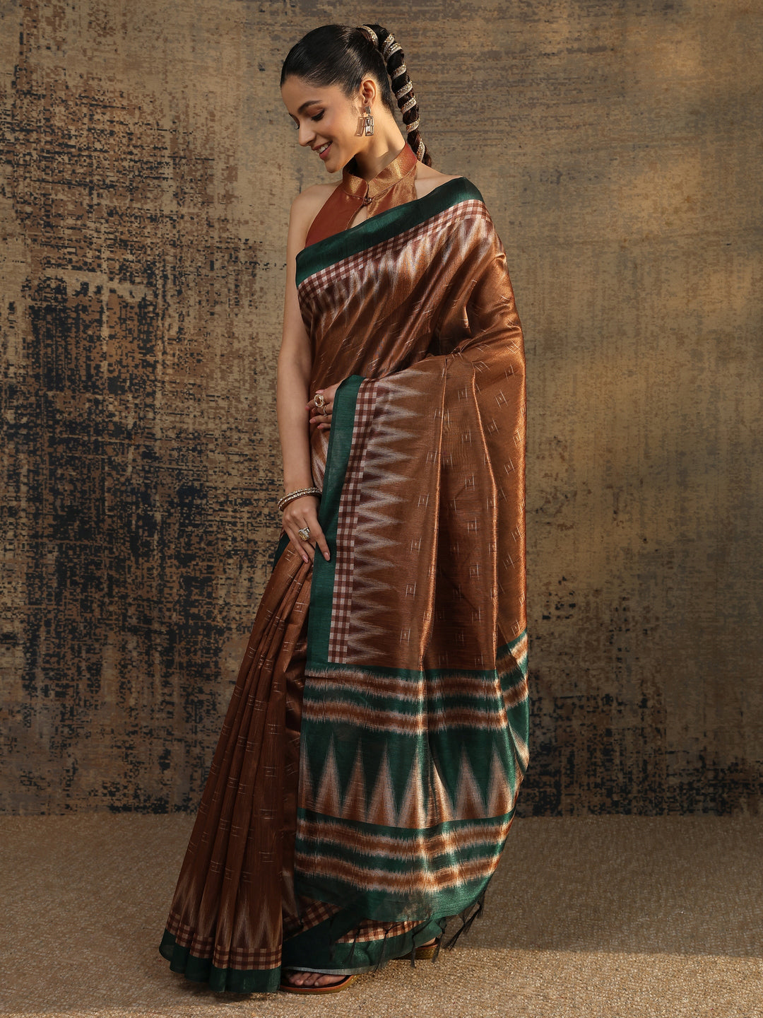 Brown Woven Design Silk Saree With Unstitched Blouse Piece