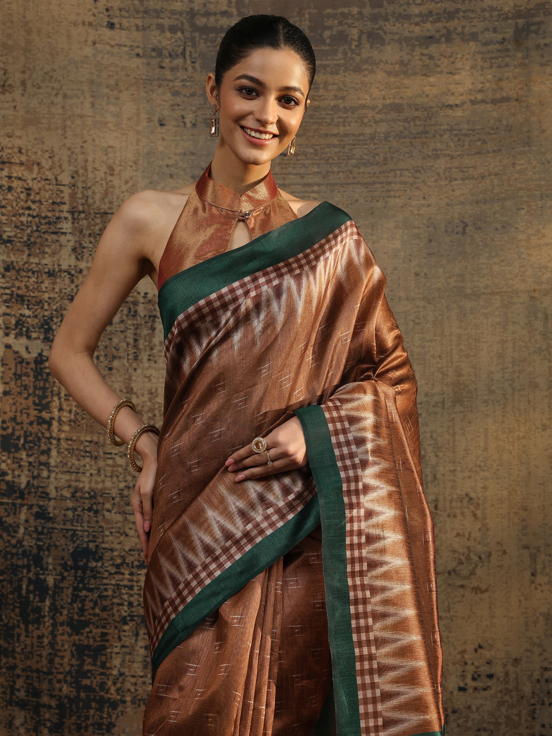 Brown Woven Design Silk Saree With Unstitched Blouse Piece