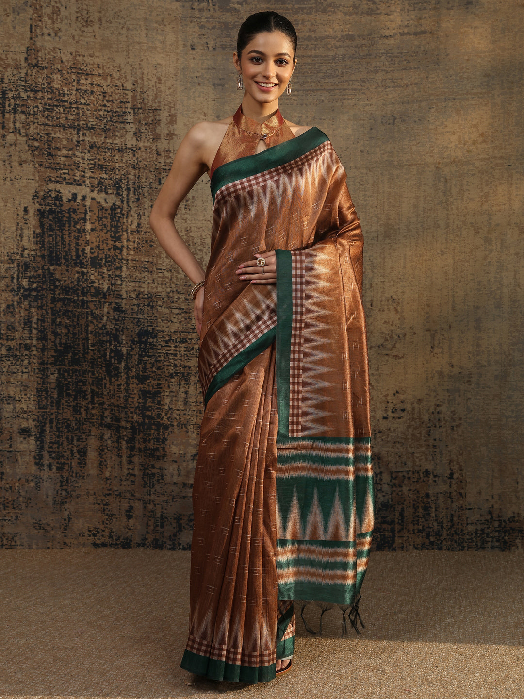 Brown Woven Design Silk Saree With Unstitched Blouse Piece