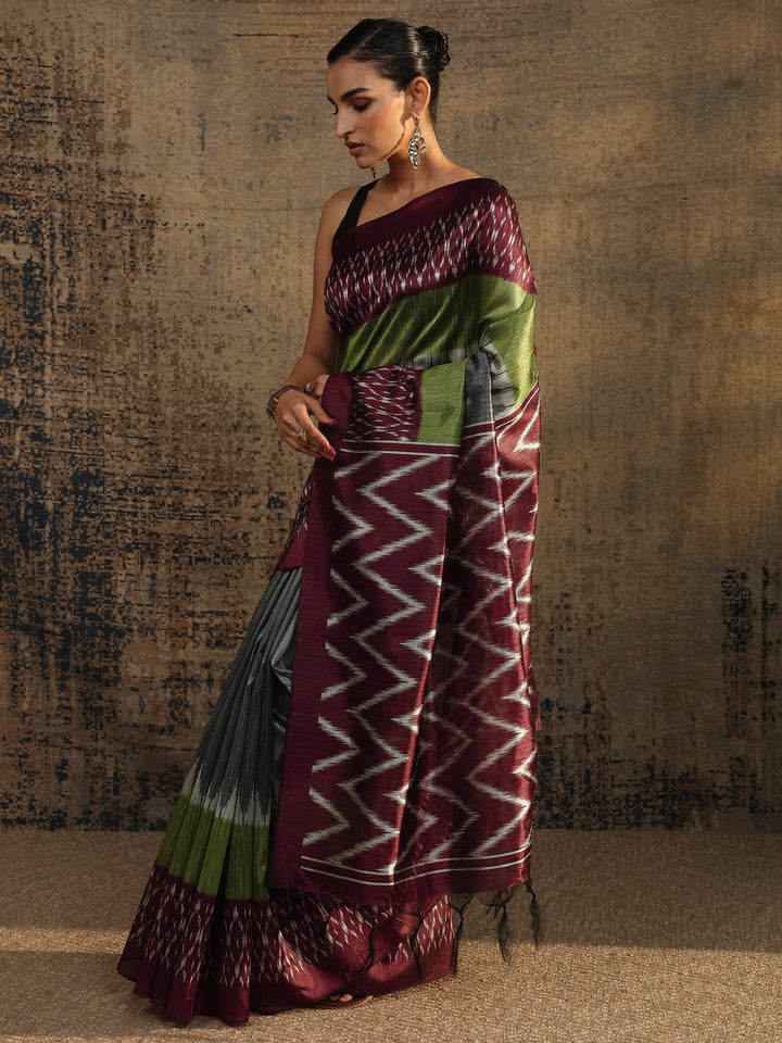 Multi Chevron Printed Silk Saree With Unstitched Blouse Piece