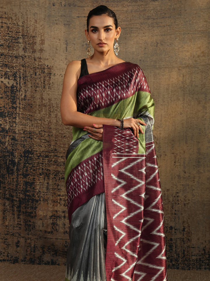 Multi Chevron Printed Silk Saree With Unstitched Blouse Piece