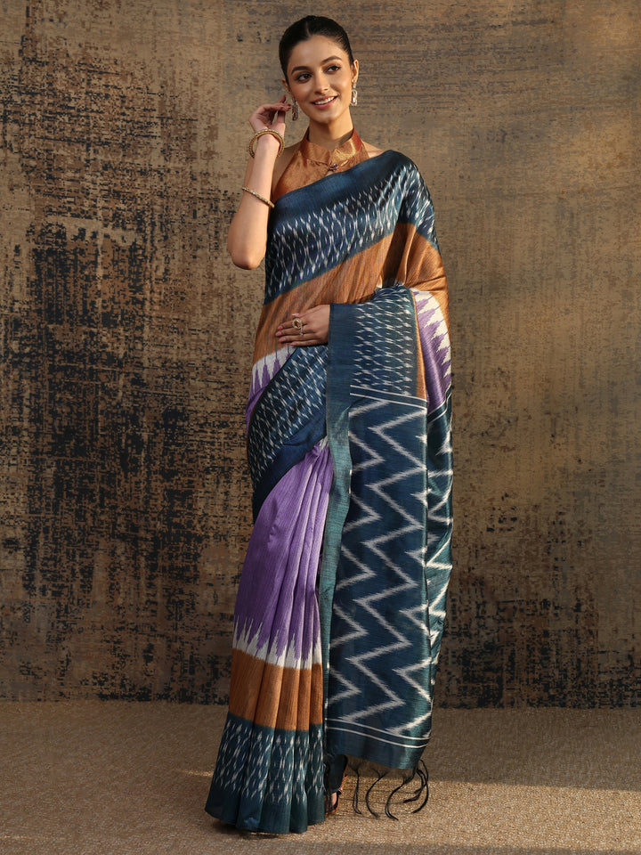 Multi Chevron Printed Silk Saree With Unstitched Blouse Piece