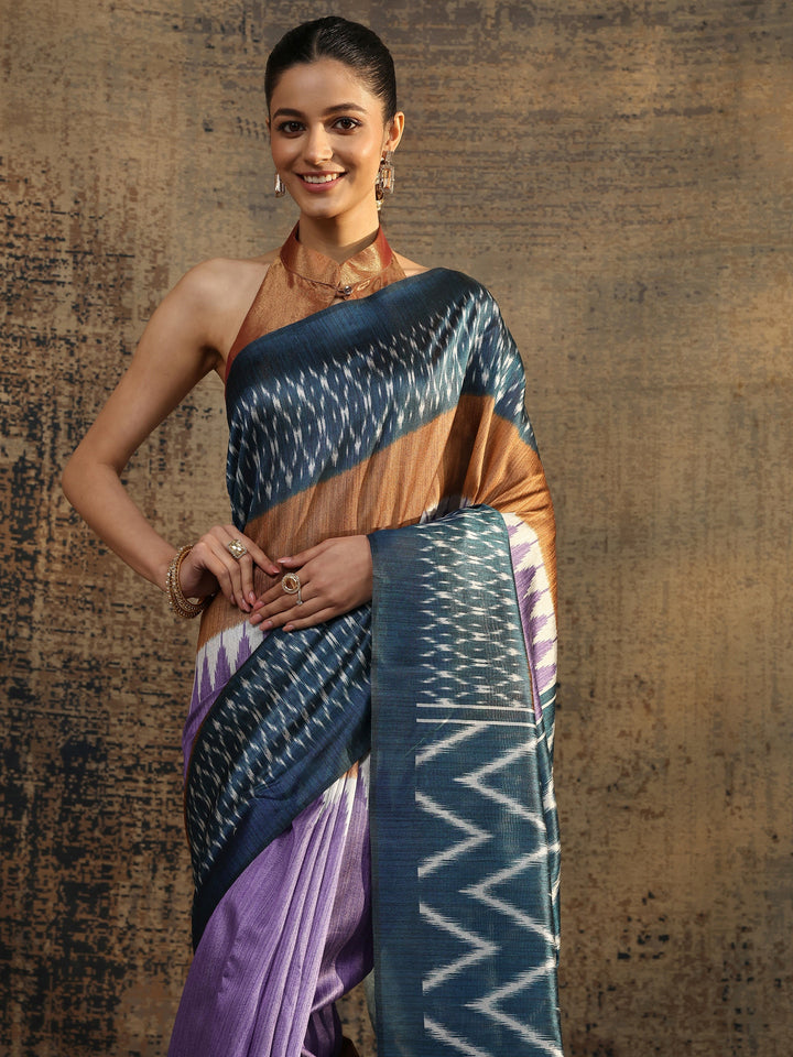 Multi Chevron Printed Silk Saree With Unstitched Blouse Piece
