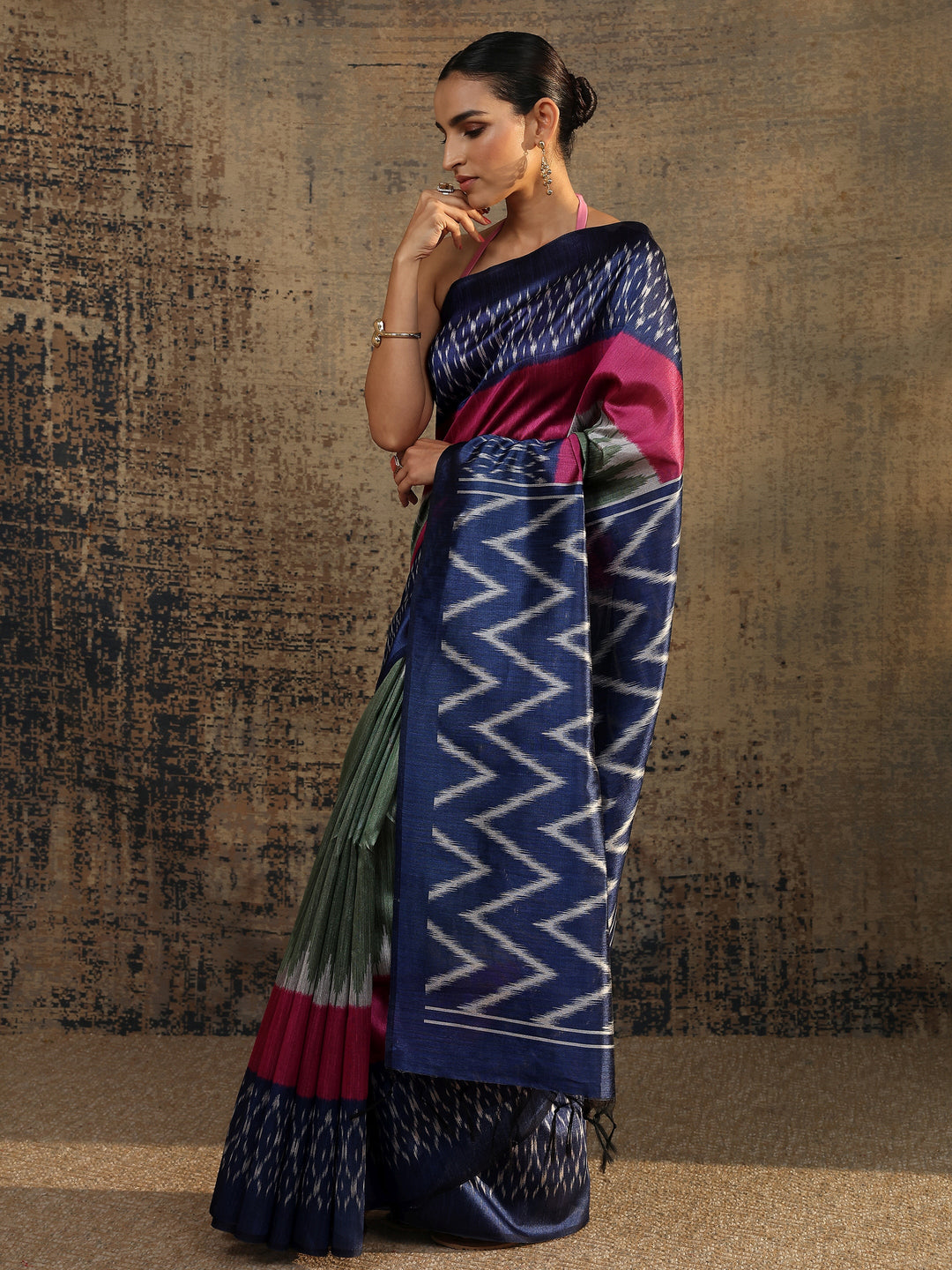 Multi Chevron Printed Silk Saree With Unstitched Blouse Piece