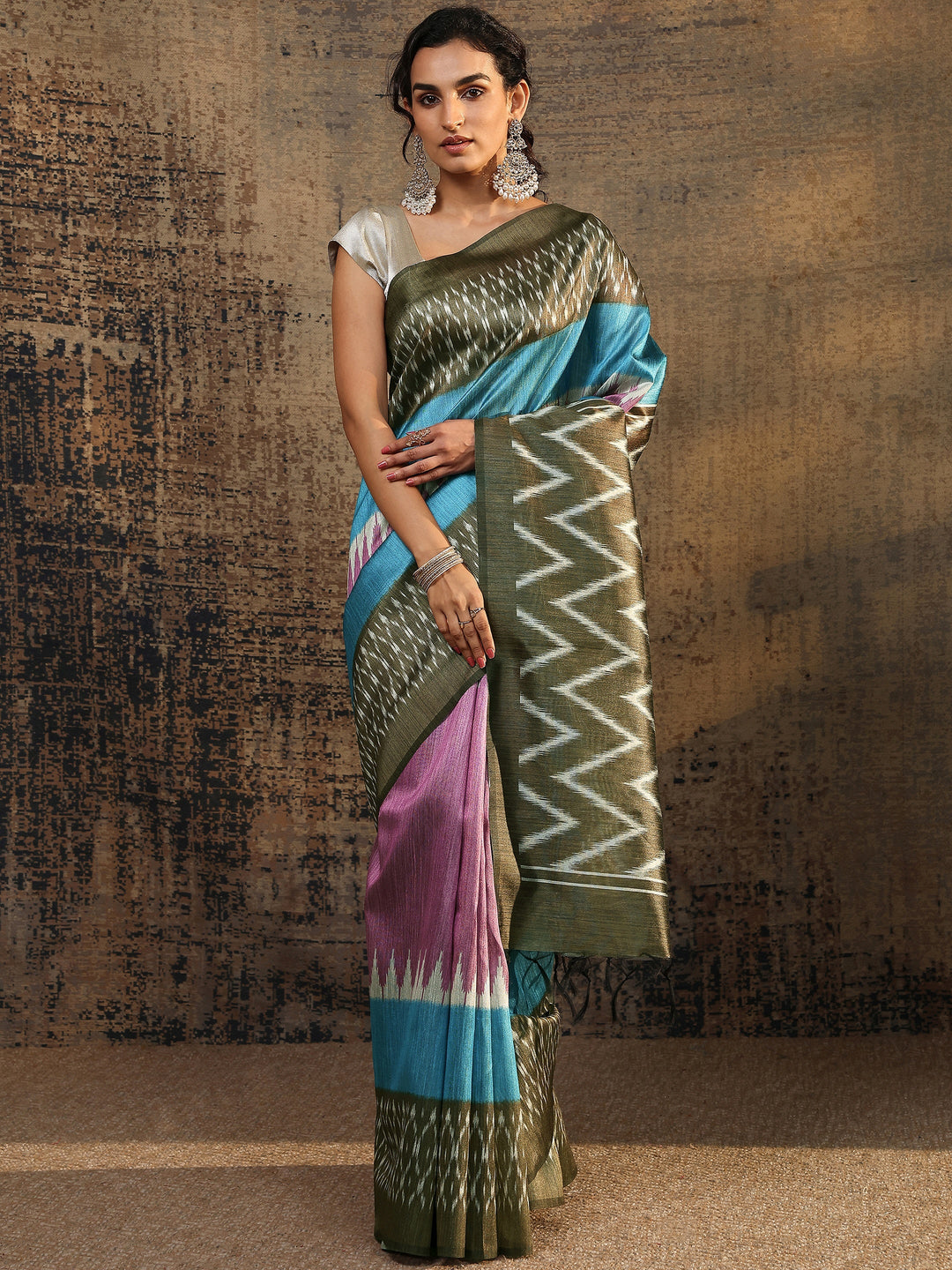 Olive Ikat Printed Silk Saree With Unstitched Blouse Piece