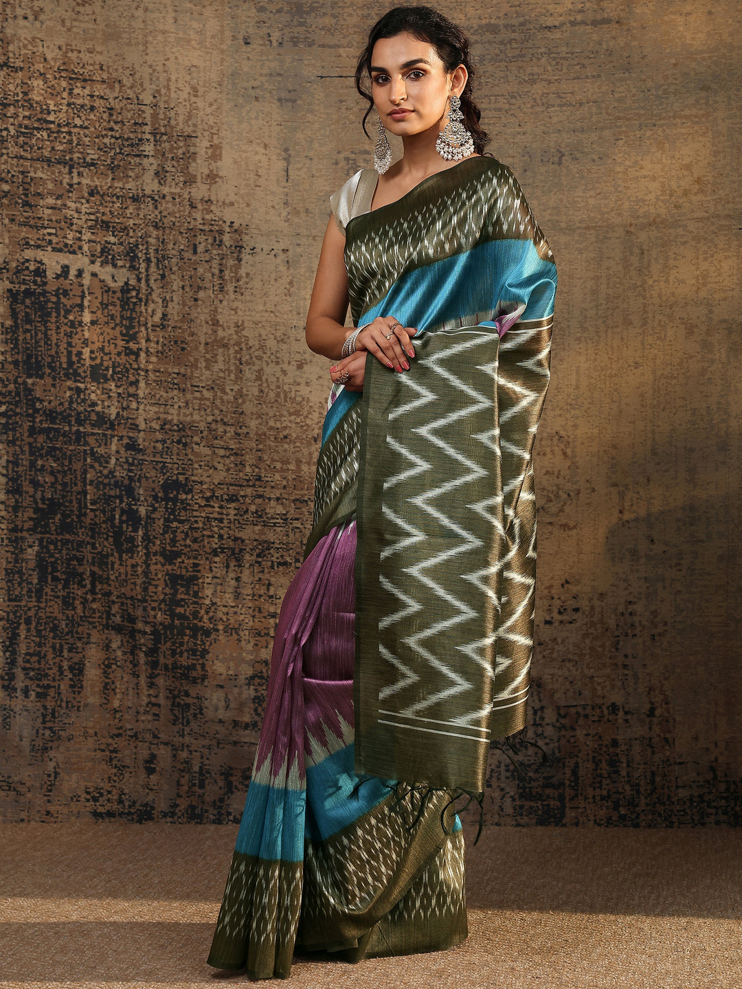 Olive Ikat Printed Silk Saree With Unstitched Blouse Piece