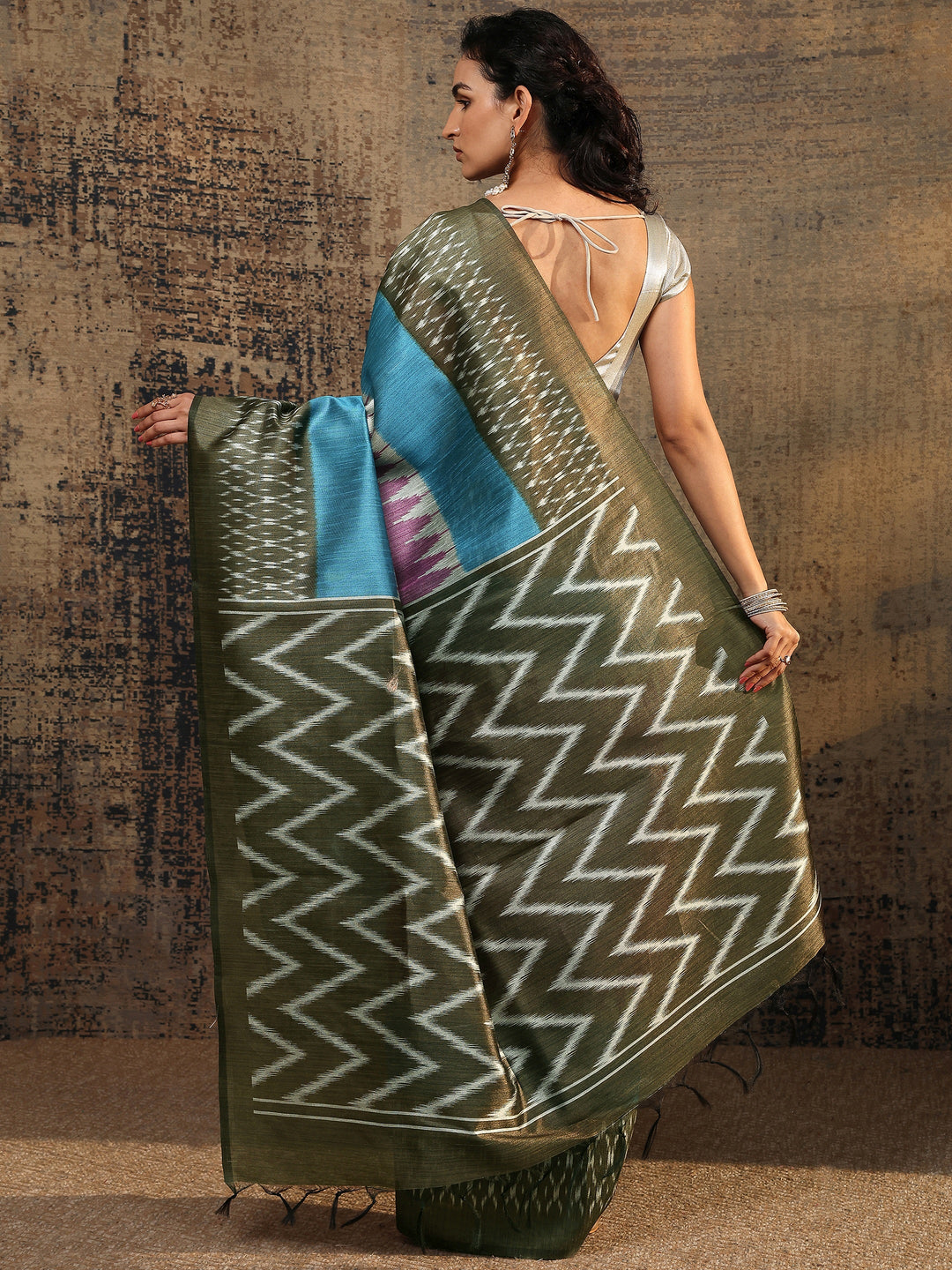 Olive Ikat Printed Silk Saree With Unstitched Blouse Piece