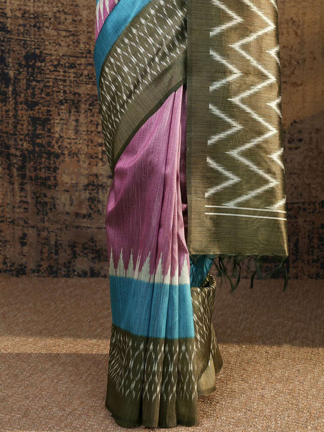 Olive Ikat Printed Silk Saree With Unstitched Blouse Piece