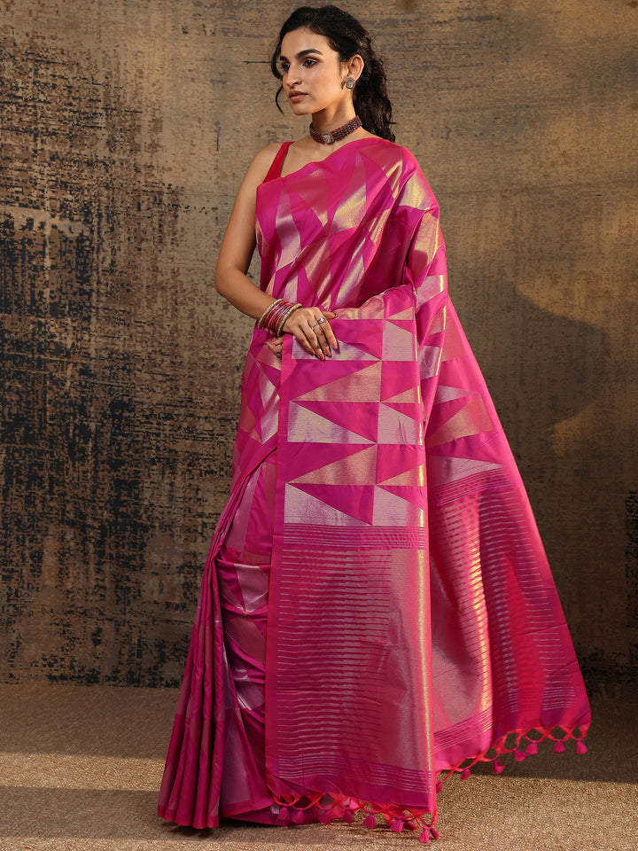 Pink Geometric Woven Design Silk Blend Saree With Unstitched Blouse Piece
