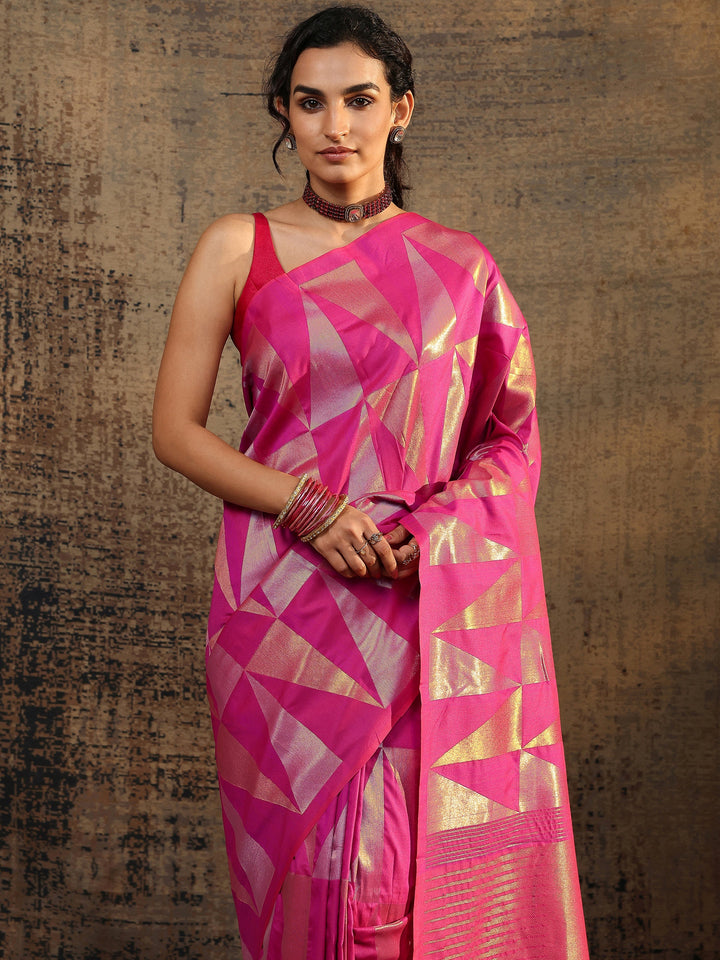Pink Geometric Woven Design Silk Blend Saree With Unstitched Blouse Piece