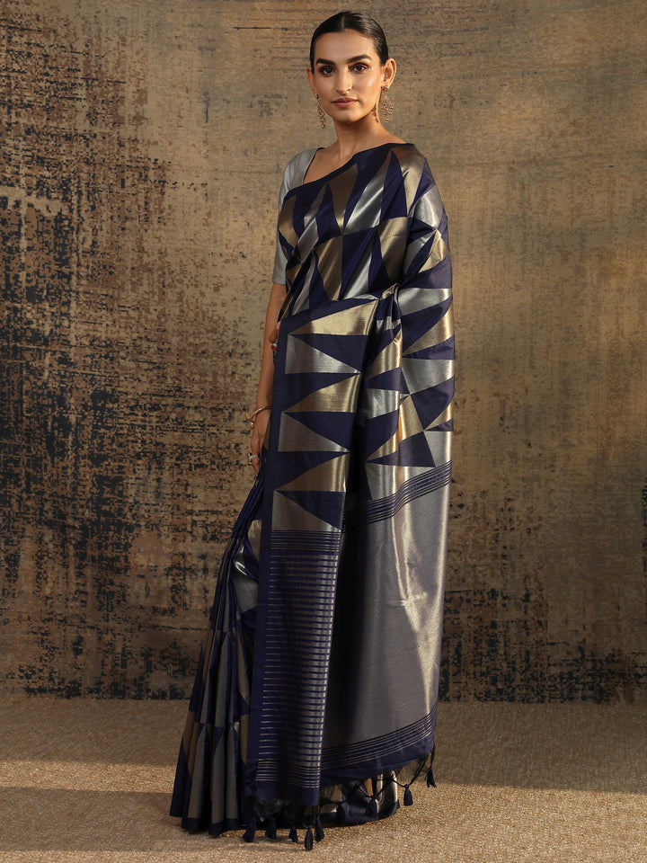 Navy Blue Woven Design Silk Blend Saree With Unstitched Blouse Piece