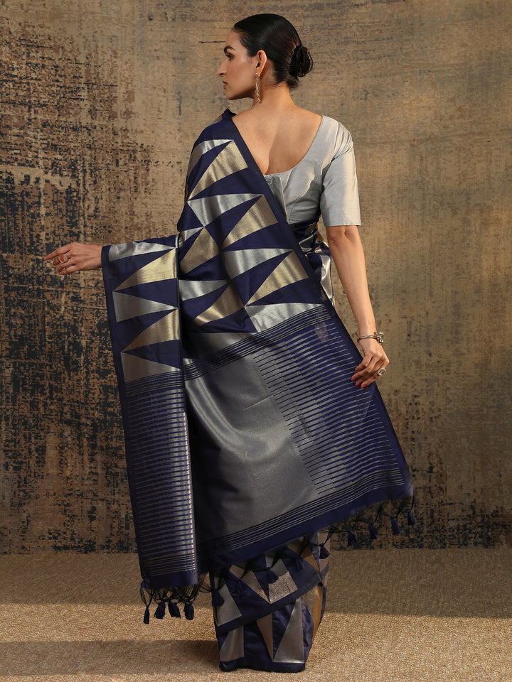 Navy Blue Woven Design Silk Blend Saree With Unstitched Blouse Piece
