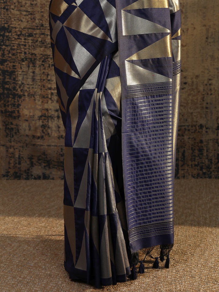 Navy Blue Woven Design Silk Blend Saree With Unstitched Blouse Piece