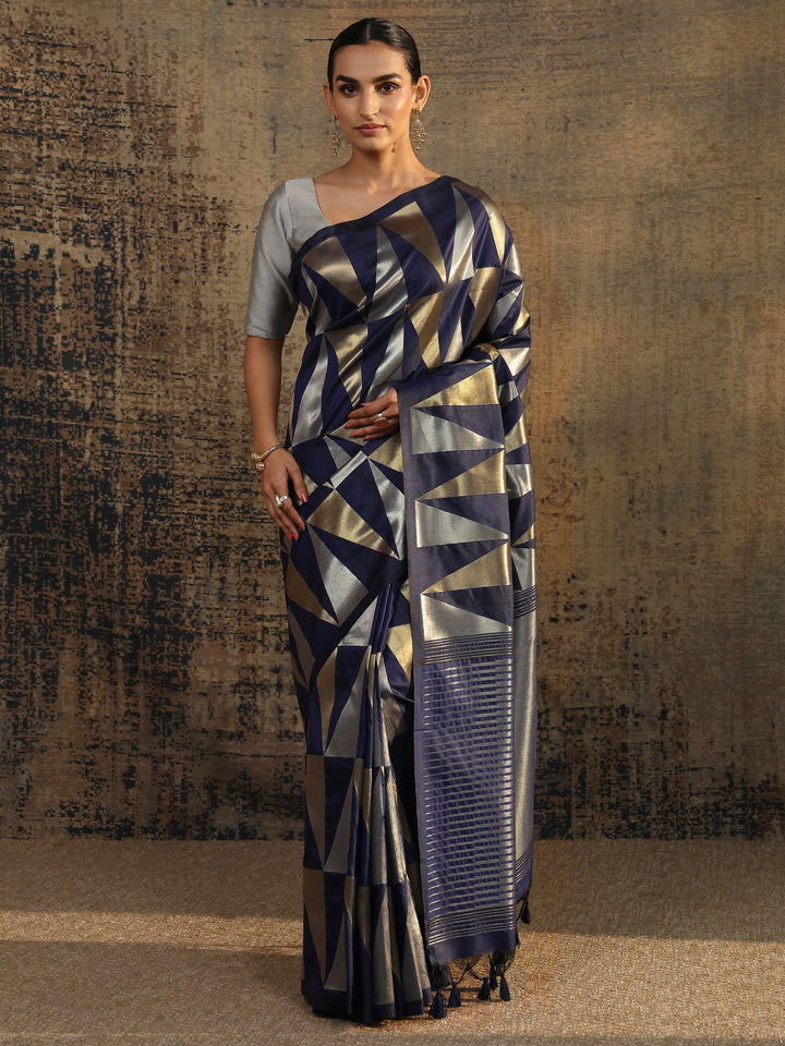 Navy Blue Woven Design Silk Blend Saree With Unstitched Blouse Piece