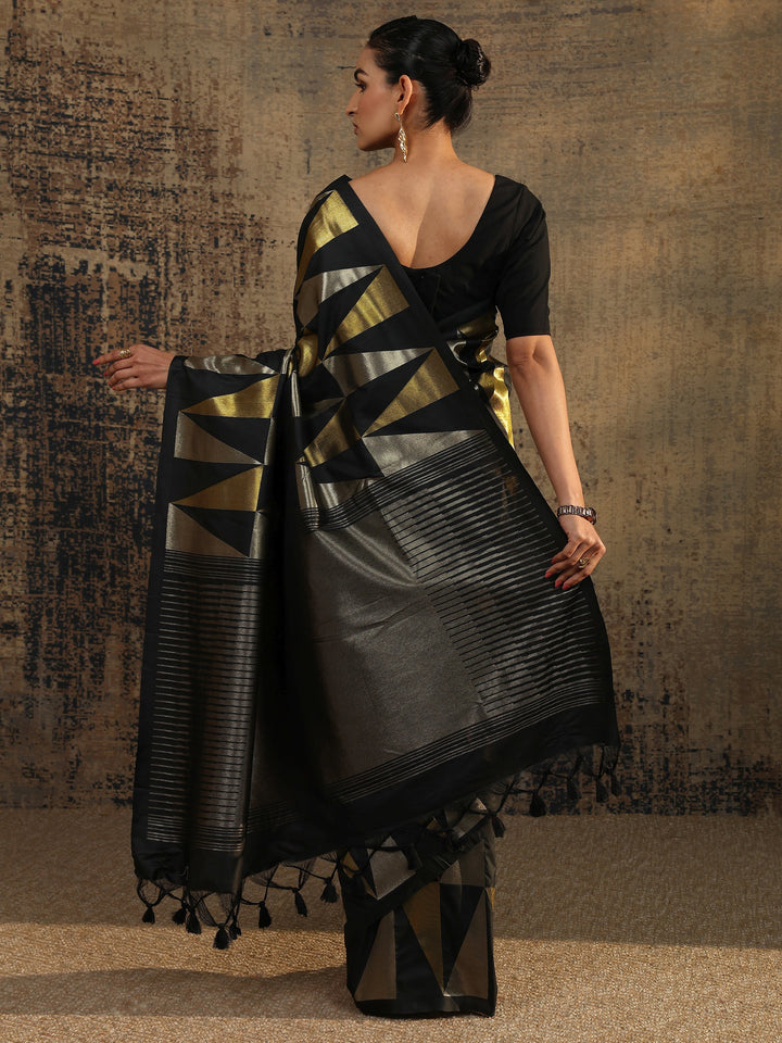 Black Woven Design Silk Blend Saree With Unstitched Blouse Piece