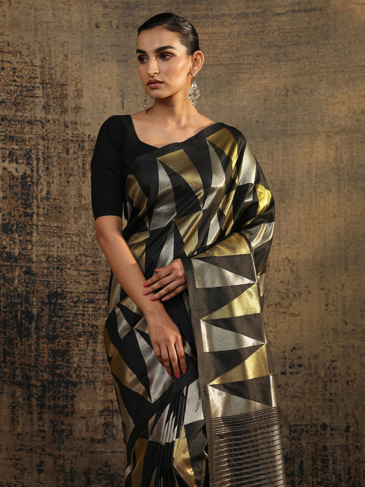 Black Woven Design Silk Blend Saree With Unstitched Blouse Piece