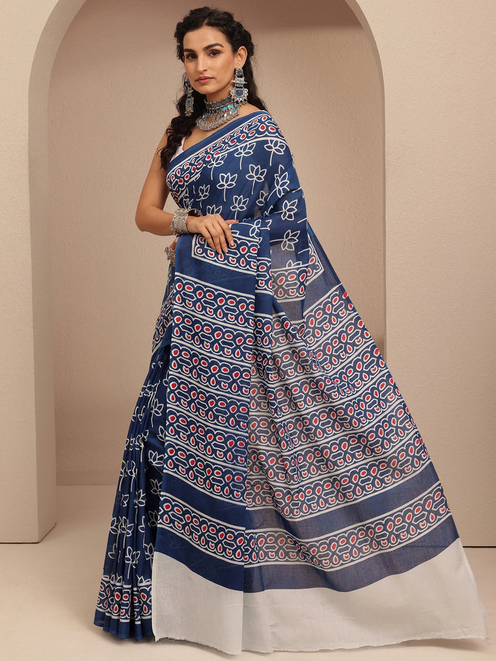 Blue Printed Cotton Saree With Unstitched Blouse Piece