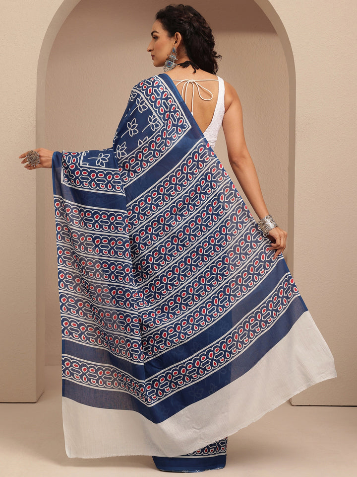 Blue Printed Cotton Saree With Unstitched Blouse Piece
