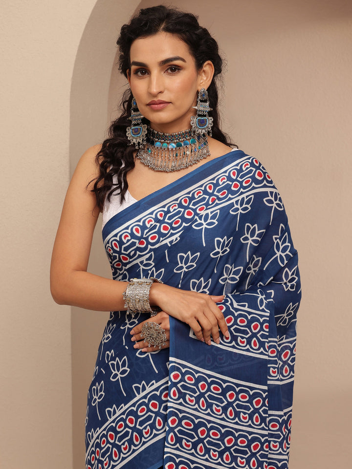 Blue Printed Cotton Saree With Unstitched Blouse Piece