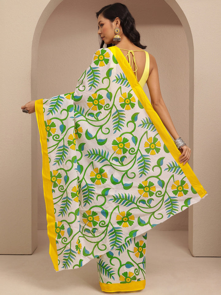 Yellow Printed Cotton Saree With Unstitched Blouse Piece