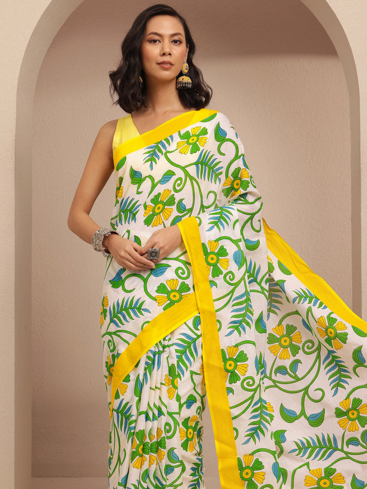 Yellow Printed Cotton Saree With Unstitched Blouse Piece
