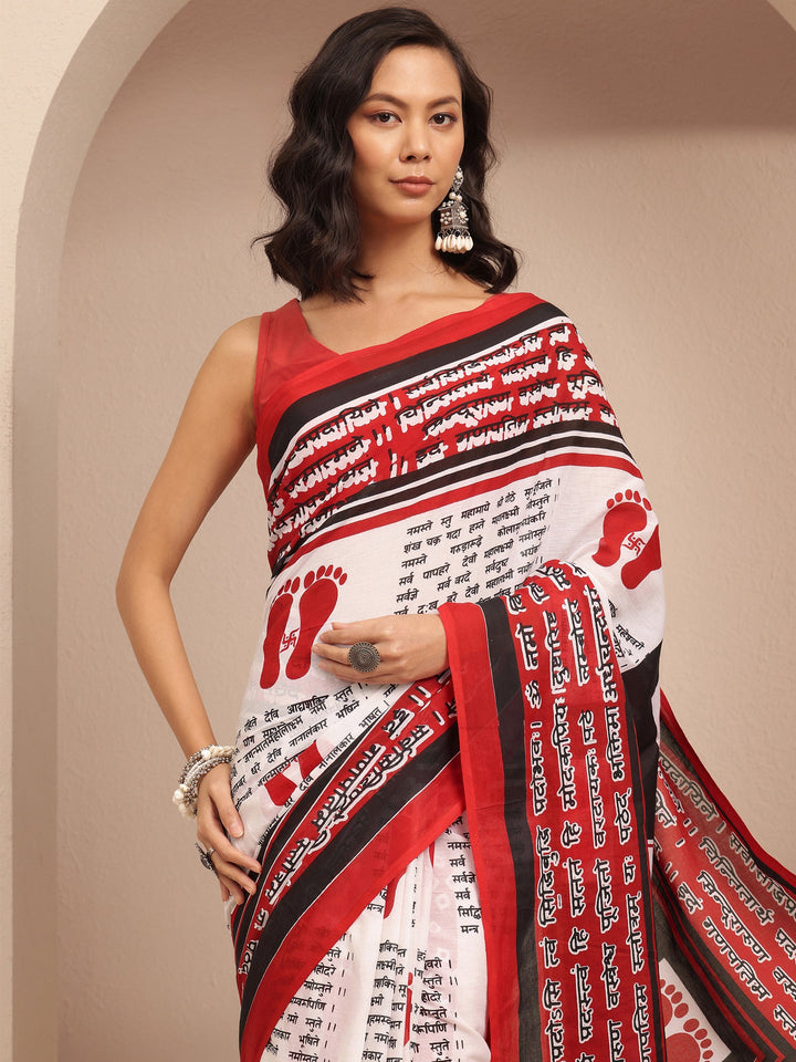 Red Printed Cotton Saree With Unstitched Blouse Piece