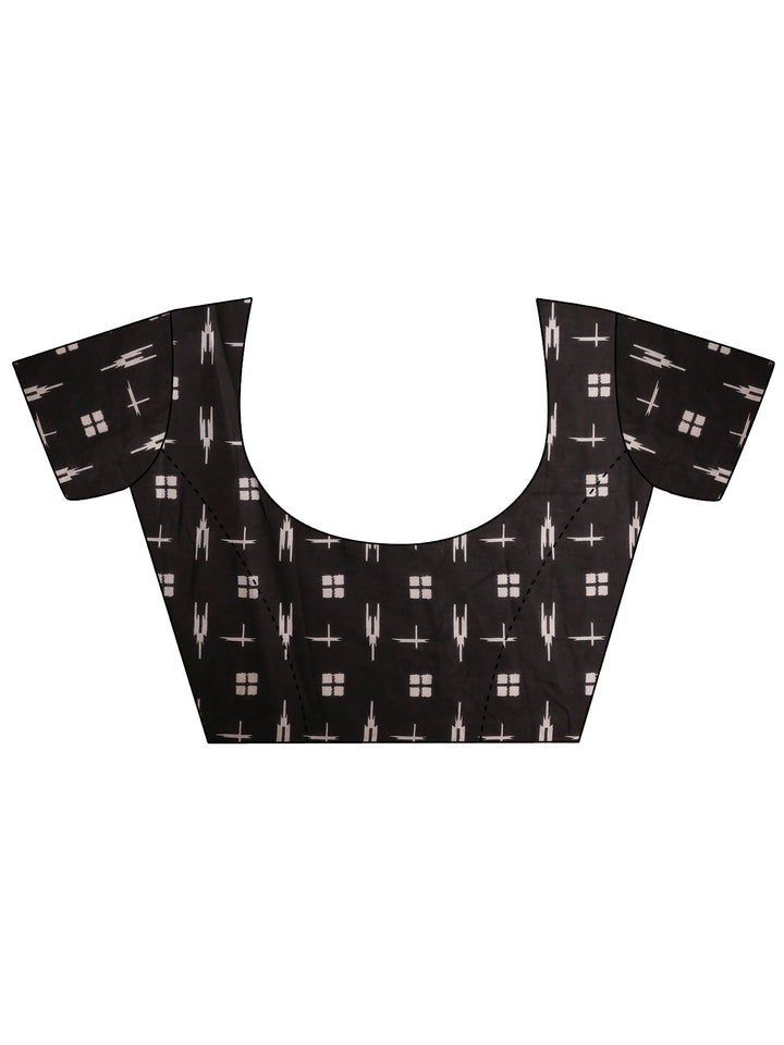 Black Printed Cotton Saree With Unstitched Blouse Piece