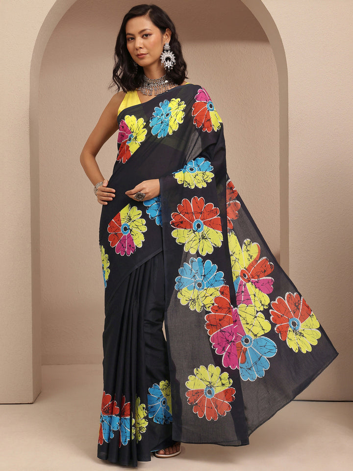 Black Printed Cotton Saree With Unstitched Blouse Piece