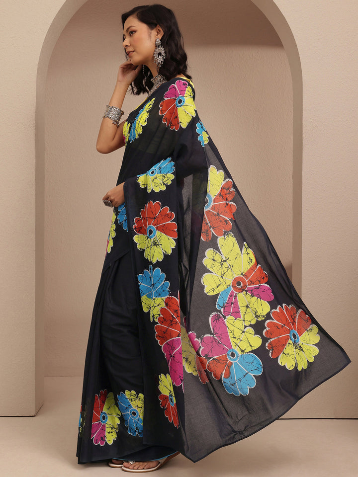 Black Printed Cotton Saree With Unstitched Blouse Piece