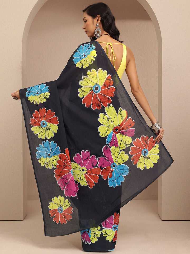Black Printed Cotton Saree With Unstitched Blouse Piece